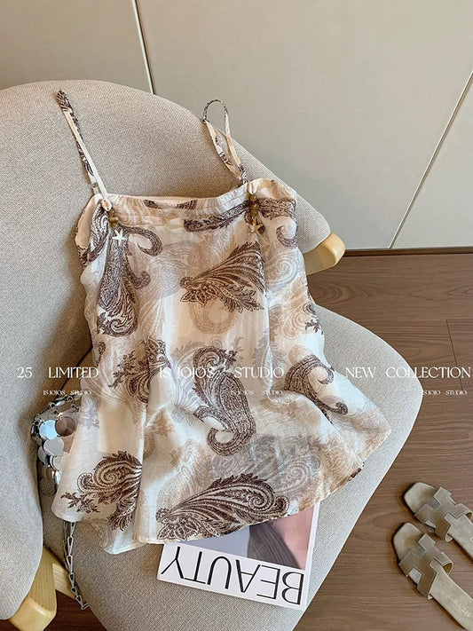 Bohemian cashew flower chiffon camisole for women summer thin style unique temperament niche holiday style sleeveless top