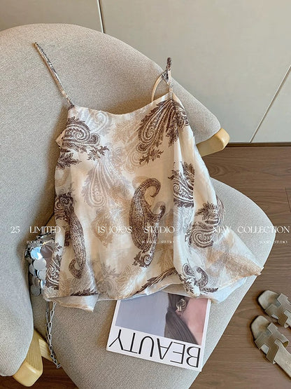 Bohemian cashew flower chiffon camisole for women summer thin style unique temperament niche holiday style sleeveless top