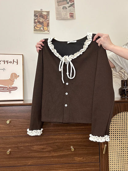 Creamy Universe: Polka Dot Tie-Waist Ruffled V-Neck Thickened Long-Sleeved Slim Fit Knit Top for Women