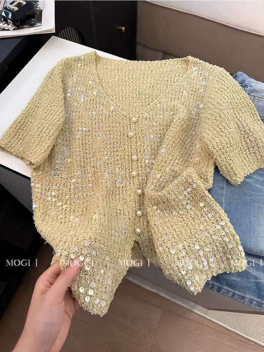 Women's Summer Short-Sleeve Knit Top: V-Neck Cardigan-Style Tee Featuring Sophisticated "Socialite-Chic" Style and Elaborate Pearl Button Detailing.