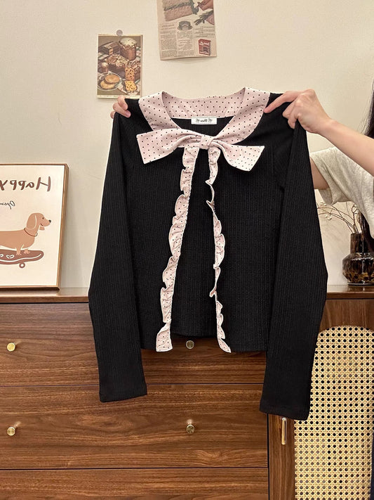 Creamy Universe: Polka Dot Bow Patchwork Faux Two-Piece Knit Long-Sleeved Women's Outfit - Slim Fit, Early Autumn Inner Layer