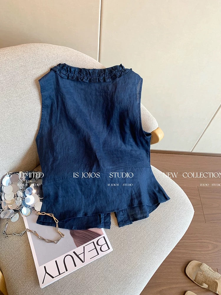 Old money style V-neck pleated lace camisole for women summer retro fashionable and versatile slim sleeveless top