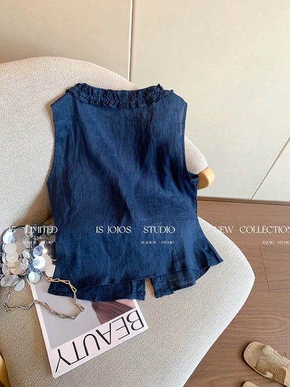 Old money style V-neck pleated lace camisole for women summer retro fashionable and versatile slim sleeveless top