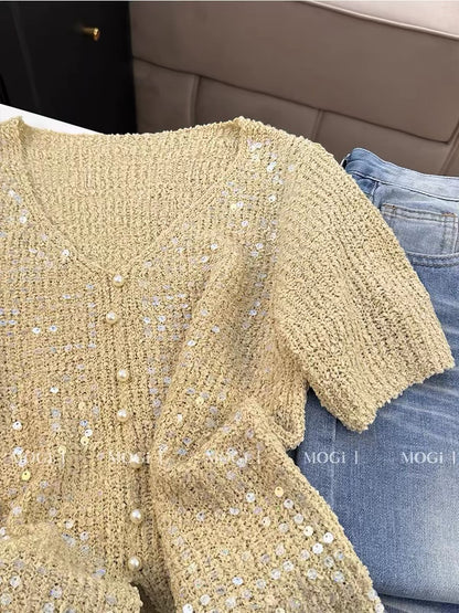 Women's Summer Short-Sleeve Knit Top: V-Neck Cardigan-Style Tee Featuring Sophisticated "Socialite-Chic" Style and Elaborate Pearl Button Detailing.