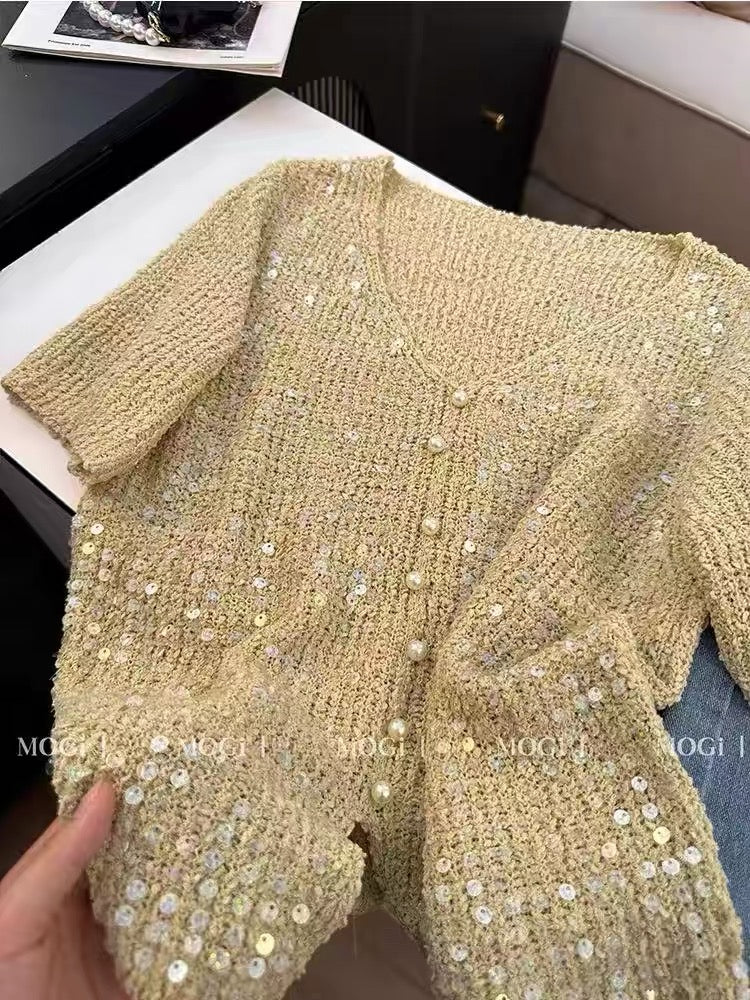 Women's Summer Short-Sleeve Knit Top: V-Neck Cardigan-Style Tee Featuring Sophisticated "Socialite-Chic" Style and Elaborate Pearl Button Detailing.