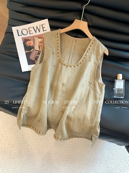 Old money style beaded U-neck linen vest for women 2025 summer new style unique fashionable slimming all-match tops