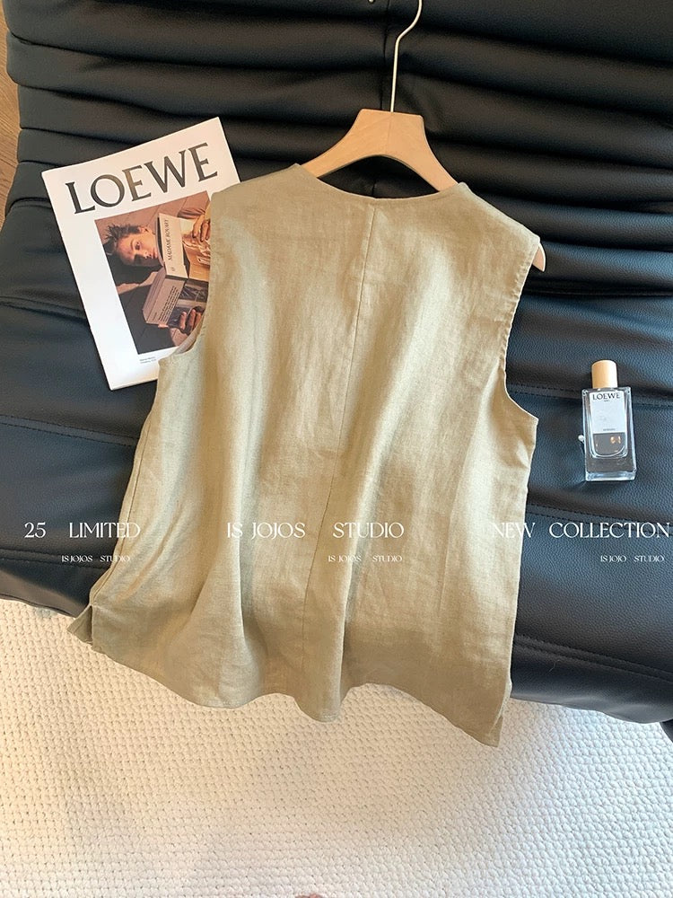 Old money style beaded U-neck linen vest for women 2025 summer new style unique fashionable slimming all-match tops