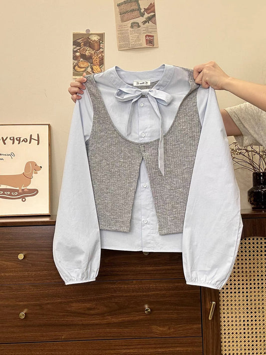 Creamy Universe - Lace-up Knit Patchwork Faux Two-Piece Shirt, Long Sleeve, Korean Style, Preppy Early Autumn Short Top