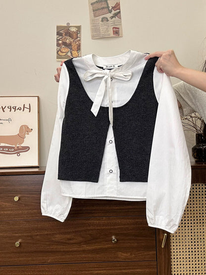 Creamy Universe - Lace-up Knit Patchwork Faux Two-Piece Shirt, Long Sleeve, Korean Style, Preppy Early Autumn Short Top