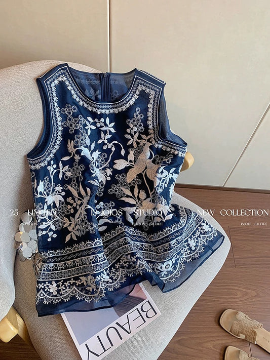 New Chinese style heavy embroidery organza vest women's summer fashionable foreign style high-end loose sleeveless top