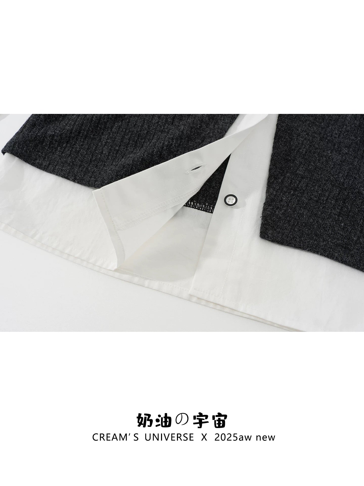 Creamy Universe - Lace-up Knit Patchwork Faux Two-Piece Shirt, Long Sleeve, Korean Style, Preppy Early Autumn Short Top
