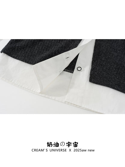 Creamy Universe - Lace-up Knit Patchwork Faux Two-Piece Shirt, Long Sleeve, Korean Style, Preppy Early Autumn Short Top
