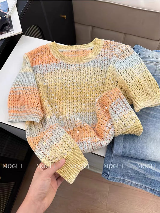 Korean-style women's summer T-shirt featuring a gradient sequin design, round neck, and short sleeves; a sweet, soft, and stylish "Chanel-esque" top.