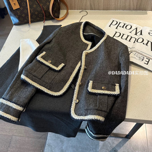 [Golden Girl Jenny] Retro Golden Girl Style Contrast Color Short Jacket Women 2025 Autumn New Age-Reducing Brown Top