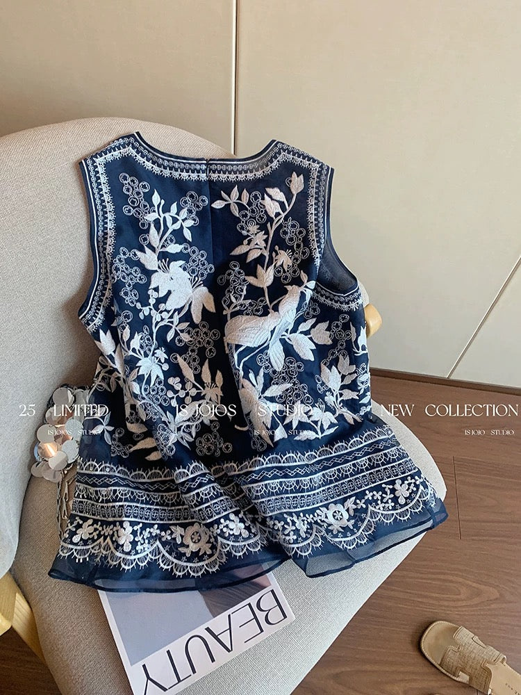New Chinese style heavy embroidery organza vest women's summer fashionable foreign style high-end loose sleeveless top