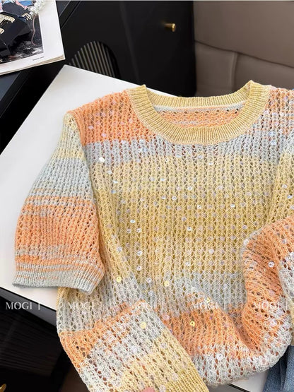 Korean-style women's summer T-shirt featuring a gradient sequin design, round neck, and short sleeves; a sweet, soft, and stylish "Chanel-esque" top.