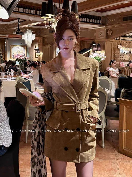 Yumiko STAZF7 Plus Size Retro Lapel Tie-Waist Suit Women's Autumn/Winter 2025 Sophisticated and Elegant Outerwear