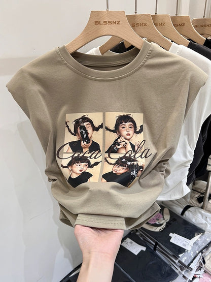 Xiaofei Sleeve pure cotton short-sleeved T-shirt for women summer 2024 new drawstring waist fashionable short sleeveless top for women trendy