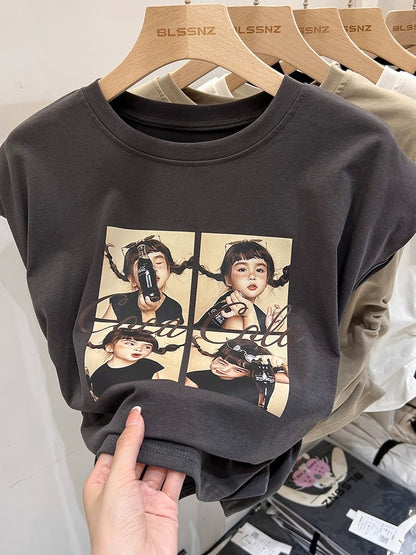 Xiaofei Sleeve pure cotton short-sleeved T-shirt for women summer 2024 new drawstring waist fashionable short sleeveless top for women trendy