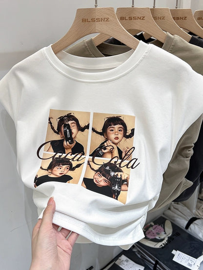 Xiaofei Sleeve pure cotton short-sleeved T-shirt for women summer 2024 new drawstring waist fashionable short sleeveless top for women trendy