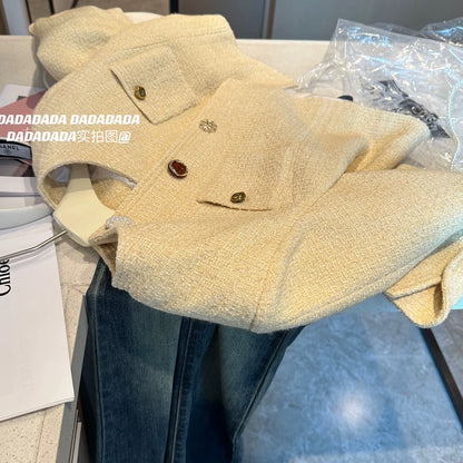 2025 early autumn new French chic yellow small fragrance style short jacket female high-end niche design long-sleeved top