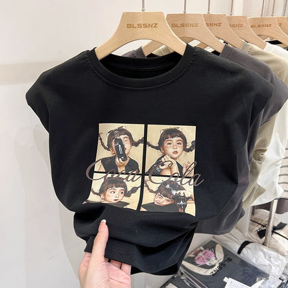 Xiaofei Sleeve pure cotton short-sleeved T-shirt for women summer 2024 new drawstring waist fashionable short sleeveless top for women trendy