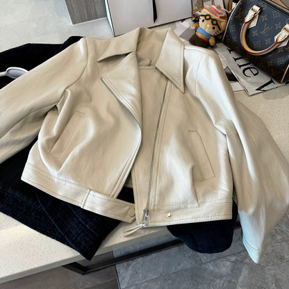 Beige motorcycle pu leather short coat women's autumn wear 2025 new slim oblique zipper small jacket top