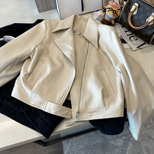 Beige motorcycle pu leather short coat women's autumn wear 2025 new slim oblique zipper small jacket top