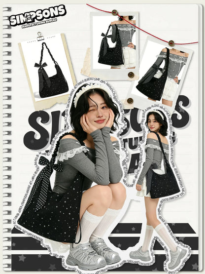 SIMS Original Girly Star Polka Dot Shoulder Bag for Women, Black with Bow, Unique Design, Large Capacity Hobo Bag