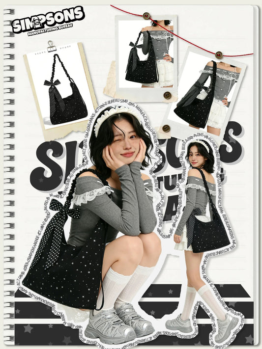 SIMS Original Girly Star Polka Dot Shoulder Bag for Women, Black with Bow, Unique Design, Large Capacity Hobo Bag