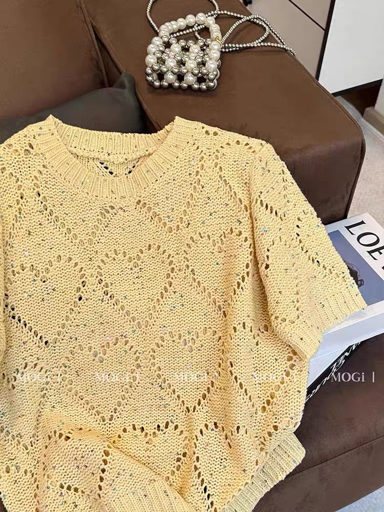 Stylish yellow knit top for women featuring a trendy cut-out design; a chic, loose-fitting, and versatile short-sleeve T-shirt—new for summer.