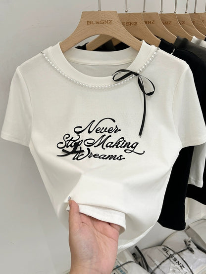 White round neck pure cotton right shoulder short-sleeved T-shirt for women summer 2024 new half-sleeved T-shirt bow short top