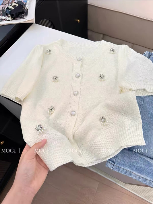 Women's Summer Short-Sleeve Knit Top: French-Style Crew Neck with Elaborate Beading – Chic, Sophisticated "Chanel-esque" Aesthetic
