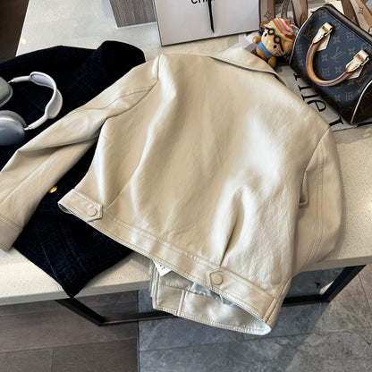 Beige motorcycle pu leather short coat women's autumn wear 2025 new slim oblique zipper small jacket top