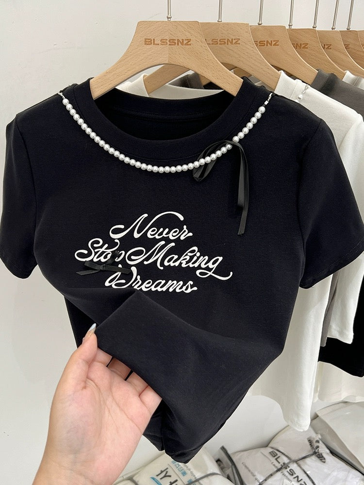 White round neck pure cotton right shoulder short-sleeved T-shirt for women summer 2024 new half-sleeved T-shirt bow short top