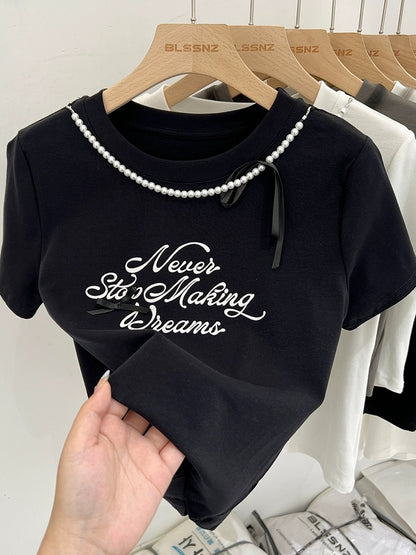 White round neck pure cotton right shoulder short-sleeved T-shirt for women summer 2024 new half-sleeved T-shirt bow short top