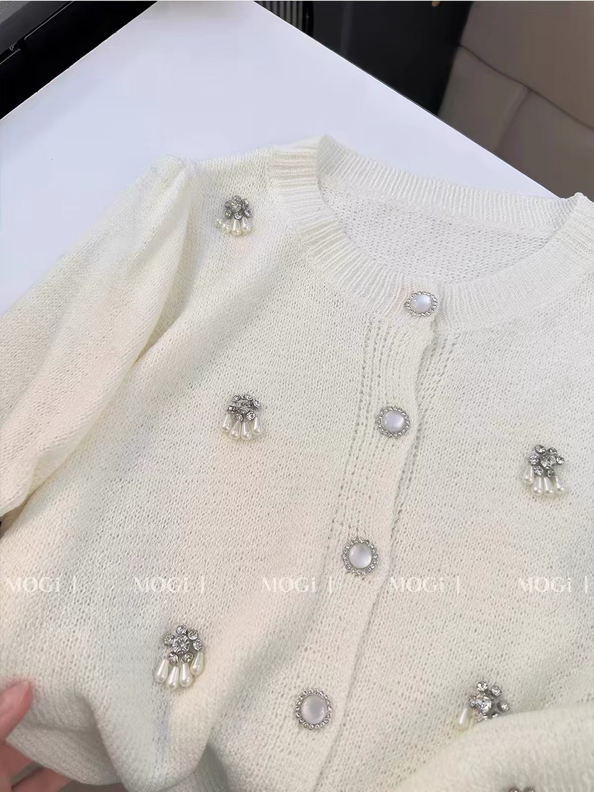 Women's Summer Short-Sleeve Knit Top: French-Style Crew Neck with Elaborate Beading – Chic, Sophisticated "Chanel-esque" Aesthetic