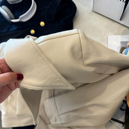 Beige motorcycle pu leather short coat women's autumn wear 2025 new slim oblique zipper small jacket top