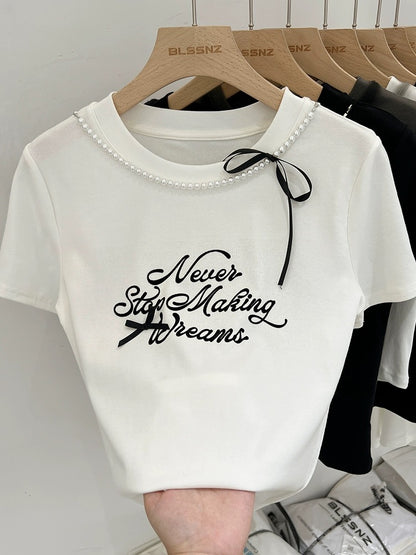 White round neck pure cotton right shoulder short-sleeved T-shirt for women summer 2024 new half-sleeved T-shirt bow short top