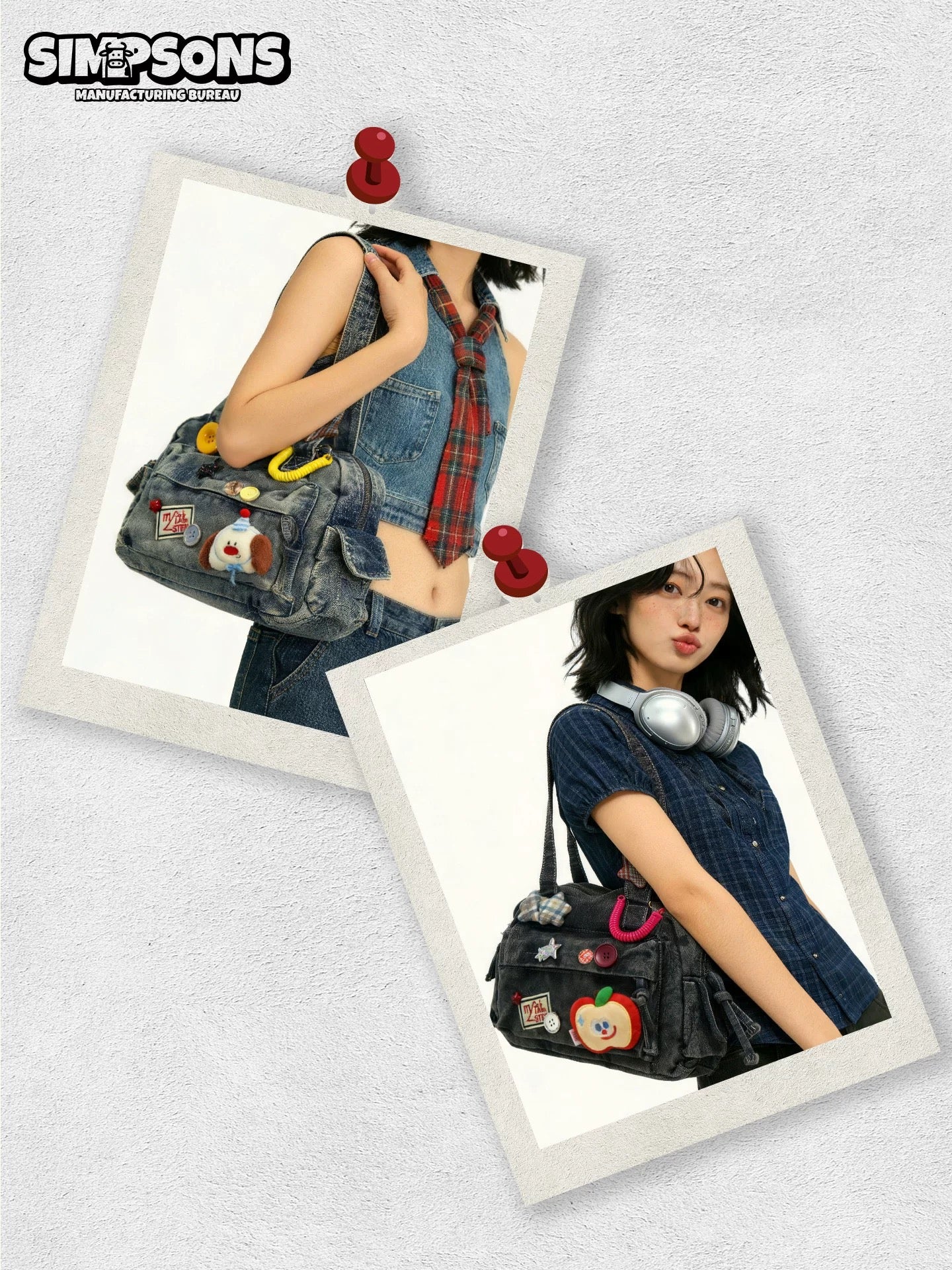 SIMS Original Retro Denim Boston Ita Bag for Women, Large Capacity Bag with Journal Style, Cute Cartoon Shoulder Bag