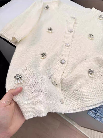Women's Summer Short-Sleeve Knit Top: French-Style Crew Neck with Elaborate Beading – Chic, Sophisticated "Chanel-esque" Aesthetic