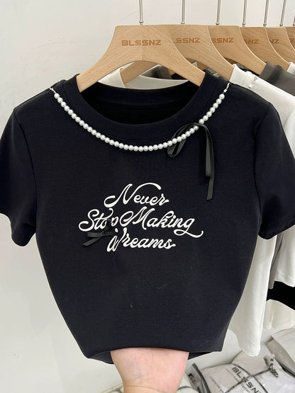 White round neck pure cotton right shoulder short-sleeved T-shirt for women summer 2024 new half-sleeved T-shirt bow short top