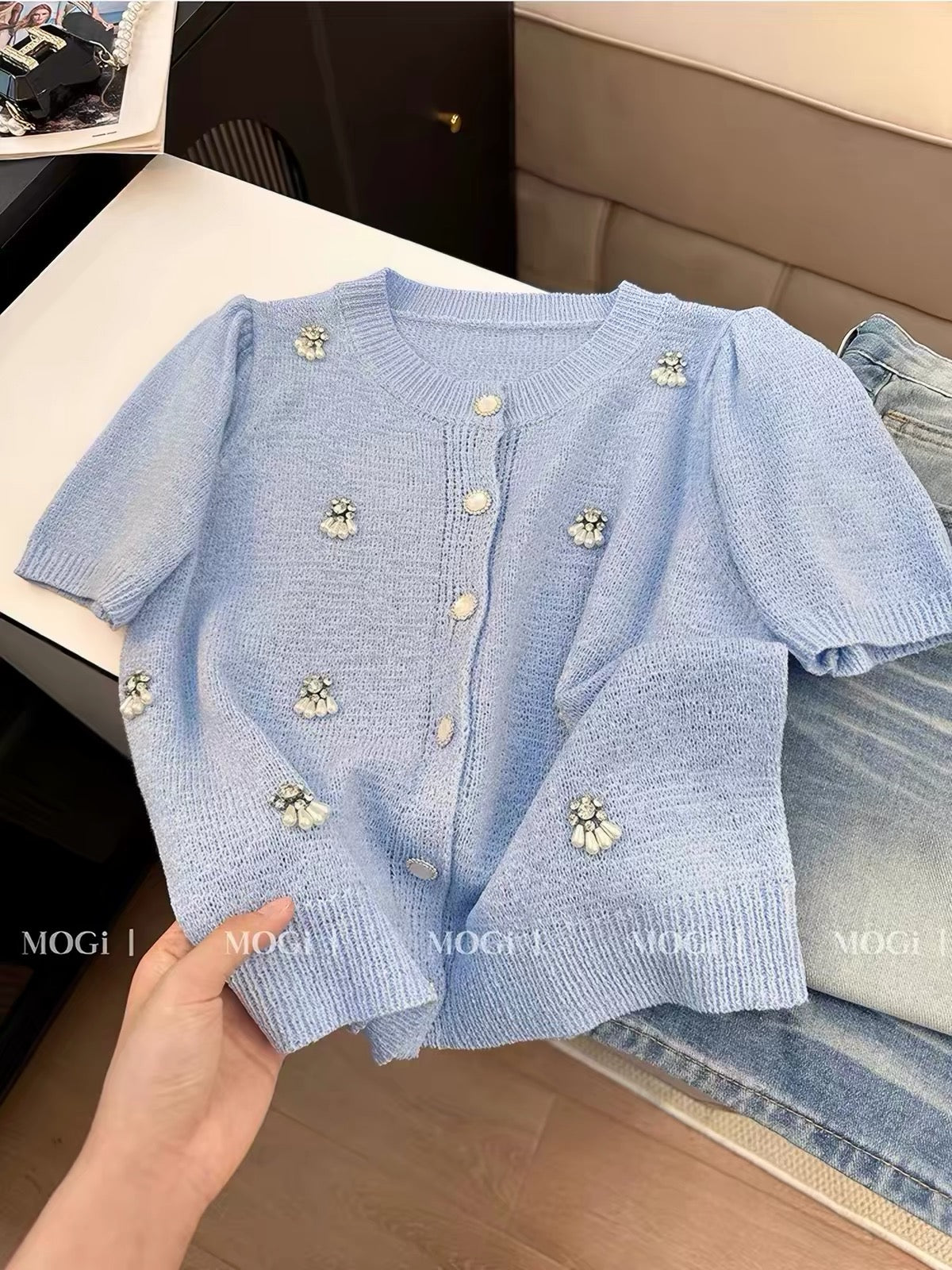 Women's Summer Short-Sleeve Knit Cardigan/T-Shirt – French-Style Hand-Beaded/Rhinestone Detail, Chic "Chanel-esque" Aesthetic, High-Waisted & Slim-Fit Top