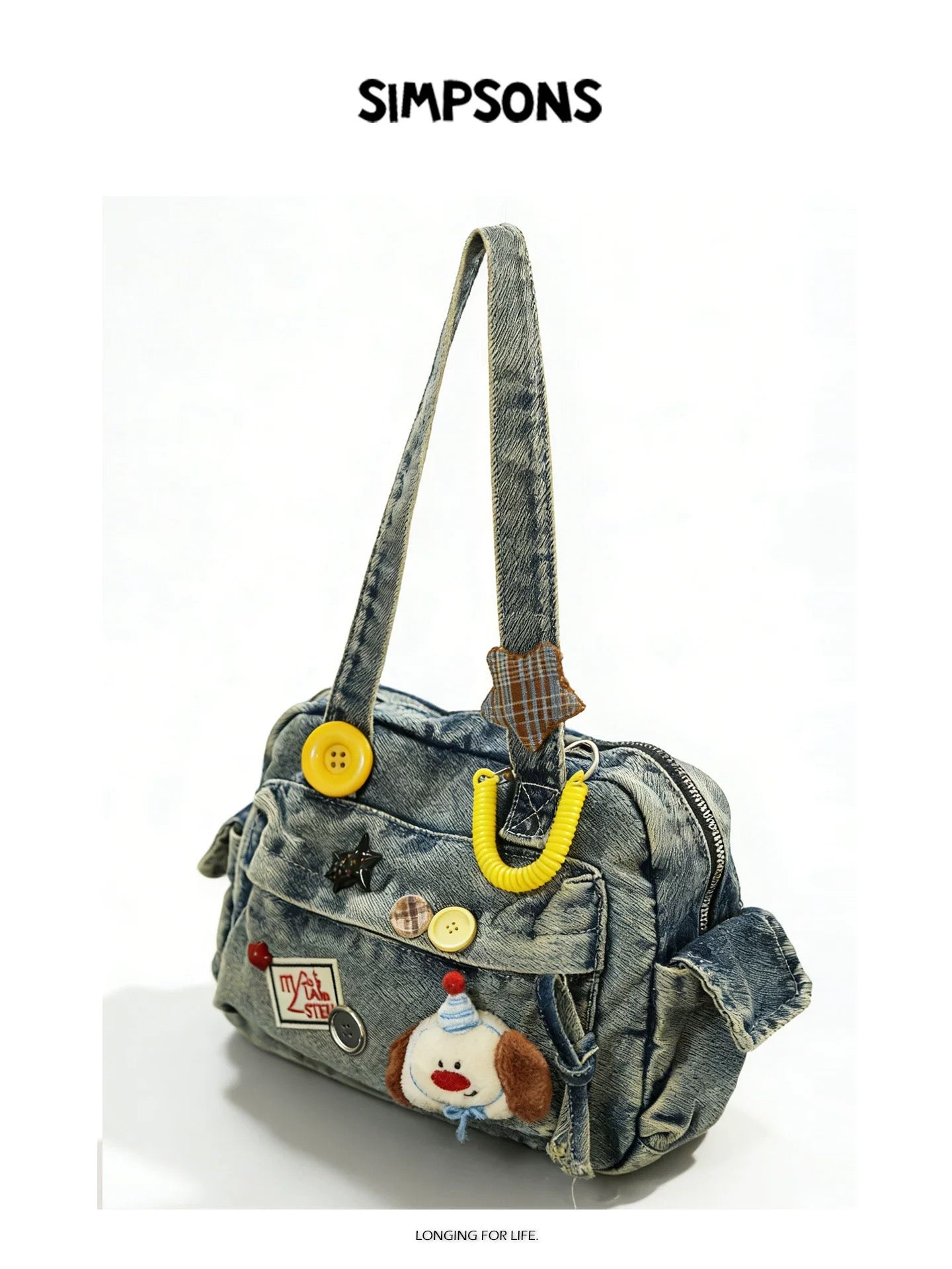 SIMS Original Retro Denim Boston Ita Bag for Women, Large Capacity Bag with Journal Style, Cute Cartoon Shoulder Bag