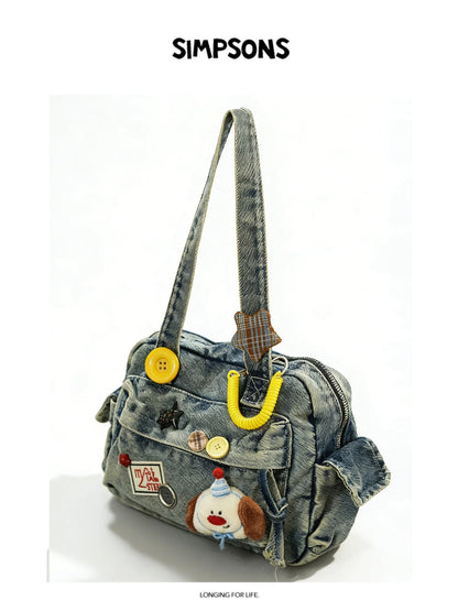 SIMS Original Retro Denim Boston Ita Bag for Women, Large Capacity Bag with Journal Style, Cute Cartoon Shoulder Bag