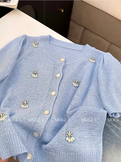 Women's Summer Short-Sleeve Knit Cardigan/T-Shirt – French-Style Hand-Beaded/Rhinestone Detail, Chic "Chanel-esque" Aesthetic, High-Waisted & Slim-Fit Top