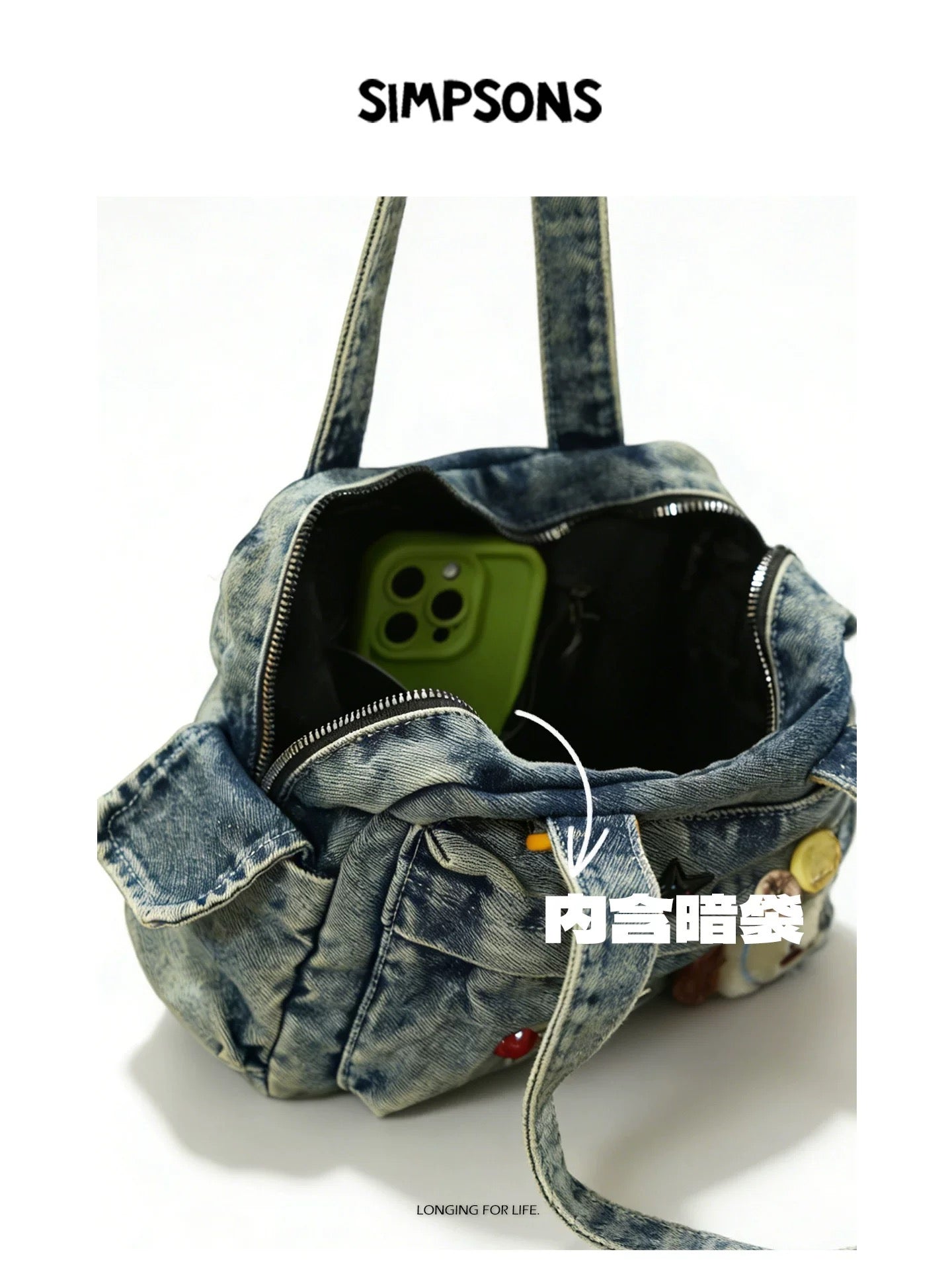 SIMS Original Retro Denim Boston Ita Bag for Women, Large Capacity Bag with Journal Style, Cute Cartoon Shoulder Bag