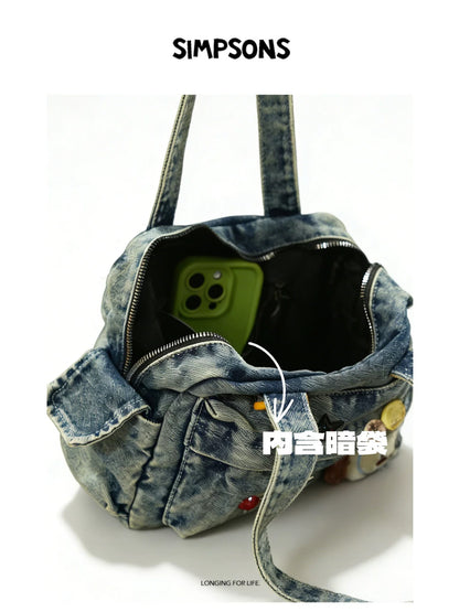 SIMS Original Retro Denim Boston Ita Bag for Women, Large Capacity Bag with Journal Style, Cute Cartoon Shoulder Bag