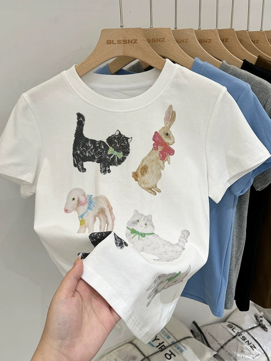 Cartoon printed cotton right shoulder short-sleeved T-shirt for women summer 2024 new style American half-sleeved T-shirt short top trendy