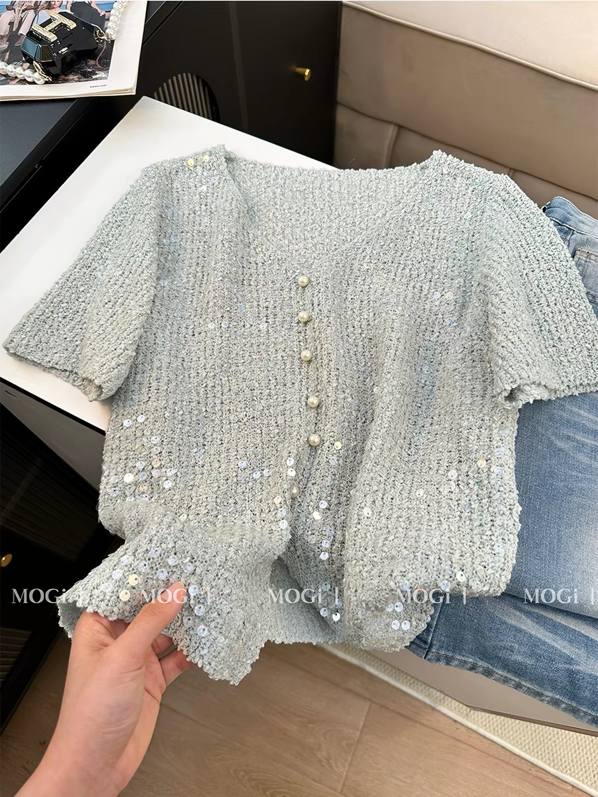 Women's Summer V-Neck Short-Sleeve Cardigan – Chic, Sophisticated "French-Chic" Style with Pearl Buttons